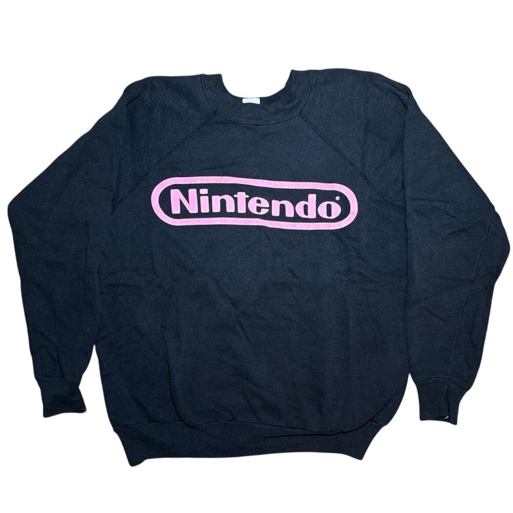 Vintage 1980s Nintendo Video Game Sweatshirt Pink Logo Black Raglan Boxy Large